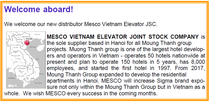 Công ty cổ phần thang máy Mesco Việt Nam trở thành nhà phân phối độc quyền mới của Sigma